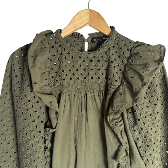 Maje Linode Olive Green Ruffled Eyelet Long Sleeve Top Size Small - Picture 6 of 12